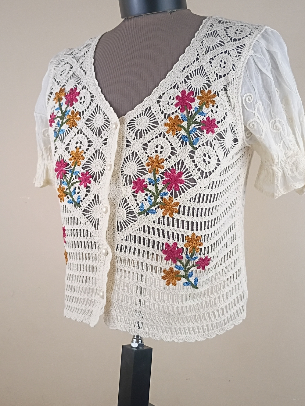 Liv Los Angeles Cream Crochet Floral Button-Front Top